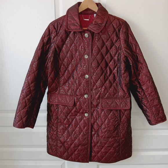 NEW Chico's Women's Deep Red Long Quilted Animal-Print Coat Size 1 US Size 8/10 - Picture 1 of 16